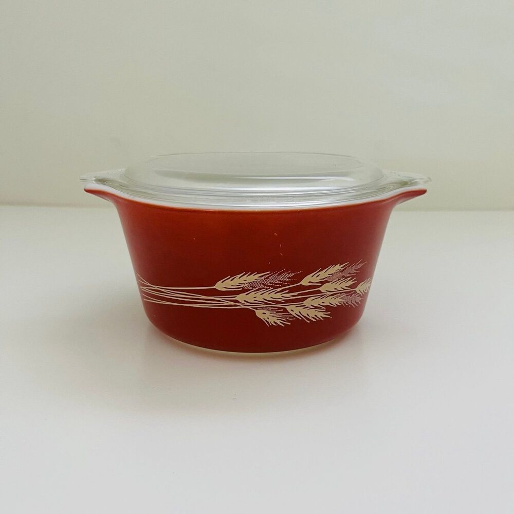 PYREX Burnt Orange Autumn Harvest Wheat Stalk 473-B Casserole Dish 1 Qt With Lid